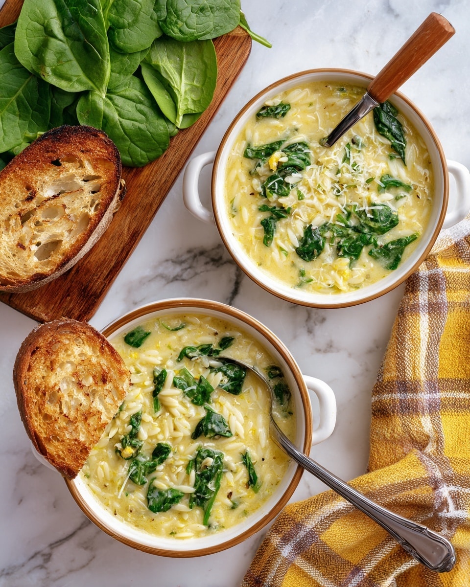 The image shows seven white bowls and a clear glass measuring cup on a white marbled surface, each holding a different ingredient. The largest bowl at the top right is filled with fresh, dark green baby spinach leaves. To its left, a small white bowl holds finely shredded pale yellow parmesan cheese. Below that, a white bowl contains dry uncooked orzo pasta, pale yellow in color and shaped like small grains. At the bottom right, a white scalloped dish holds two large brown eggs. In the center, a clear glass measuring cup is full of amber-colored reduced-sodium chicken bone broth. To the left of the broth, a small white bowl holds freshly ground black pepper, showing a mix of black and gray specks. Above that, a small white bowl contains chopped bright green flat-leaf parsley. photo taken with an iphone --ar 4:5 --v 7