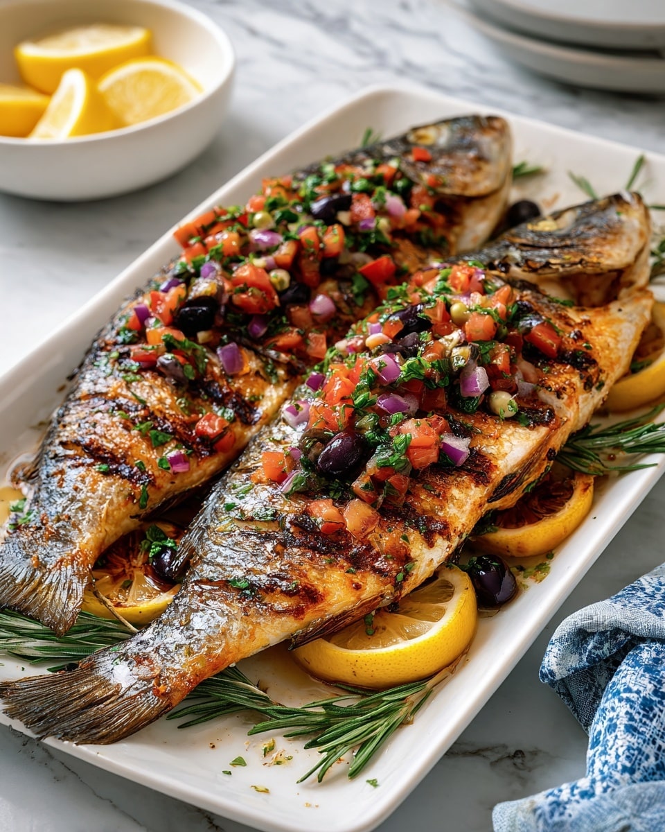 Two whole grilled fish with crispy brown skin lie side by side on a white rectangular plate, each topped with a colorful fresh salsa made of diced bright red tomatoes, chopped purple onions, green herbs, and small dark olives. Under the fish, thin lemon slices and sprigs of rosemary peek out, adding yellow and green tones layered beneath the fish. In the background, a white marbled surface holds a blue bowl filled with more salsa and another bowl with lemon wedges showing bright yellow color. Photo taken with an iphone --ar 4:5 --v 7