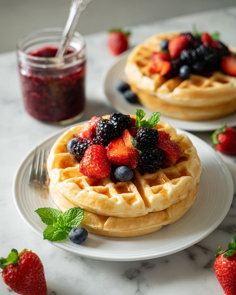 A stack of two golden-brown waffles sits on a white plate, each waffle having a clear grid texture and a thick, fluffy look. On top of the stack, there is a small pile of fresh berries including strawberries, blackberries, and blueberries, with bright green mint leaves adding a fresh touch. Behind the main plate, there is another waffle with a similar berry and mint topping blurred softly. To the side, a clear glass jar filled with a red berry sauce and a spoon inside adds color. Fresh strawberries with green leaves lie scattered on a white marbled surface around the plates. Photo taken with an iphone --ar 4:5 --v 7
