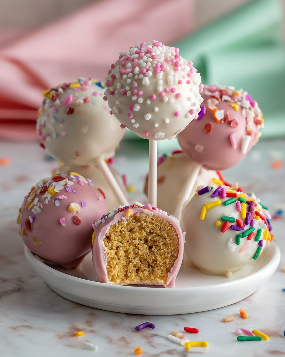 A white plate holds several round cake pops on sticks, arranged closely. There are two main layers of cake pops: one layer is coated in smooth pink icing with small white round sprinkles, and the other layer is coated in white icing with colorful rainbow sprinkles. One cake pop is bitten, showing a soft, dense yellow cake inside with a white icing layer around it. The plate sits on a white marbled surface with some sprinkles scattered around. A woman's hand is lightly holding one cake pop stick. In the background, there are pastel-colored wrapped boxes. Photo taken with an iphone --ar 4:5 --v 7