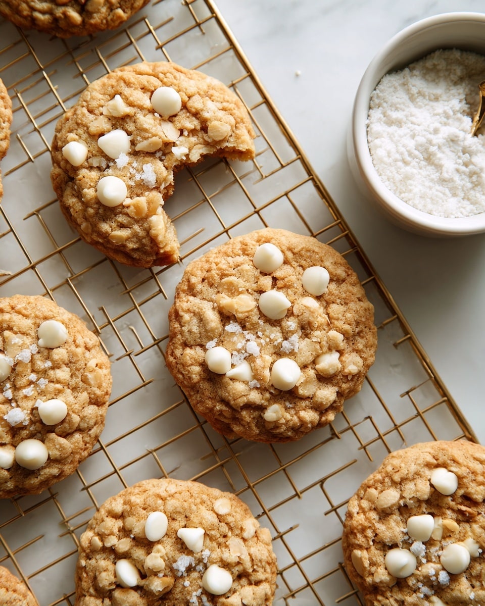 A group of golden brown cookies with a rough, slightly bumpy texture resting on a gold cooling rack. Each cookie is round and thick, studded generously with shiny white chocolate chips scattered across the surface. Some cookies have a sprinkle of coarse sea salt flakes, adding a bit of texture and contrast. One cookie at the top left has a bite taken out, showing the soft inside. They are laid out on a white marbled texture surface with a wooden bowl filled with white flakes visible in the top right corner. photo taken with an iphone --ar 4:5 --v 7