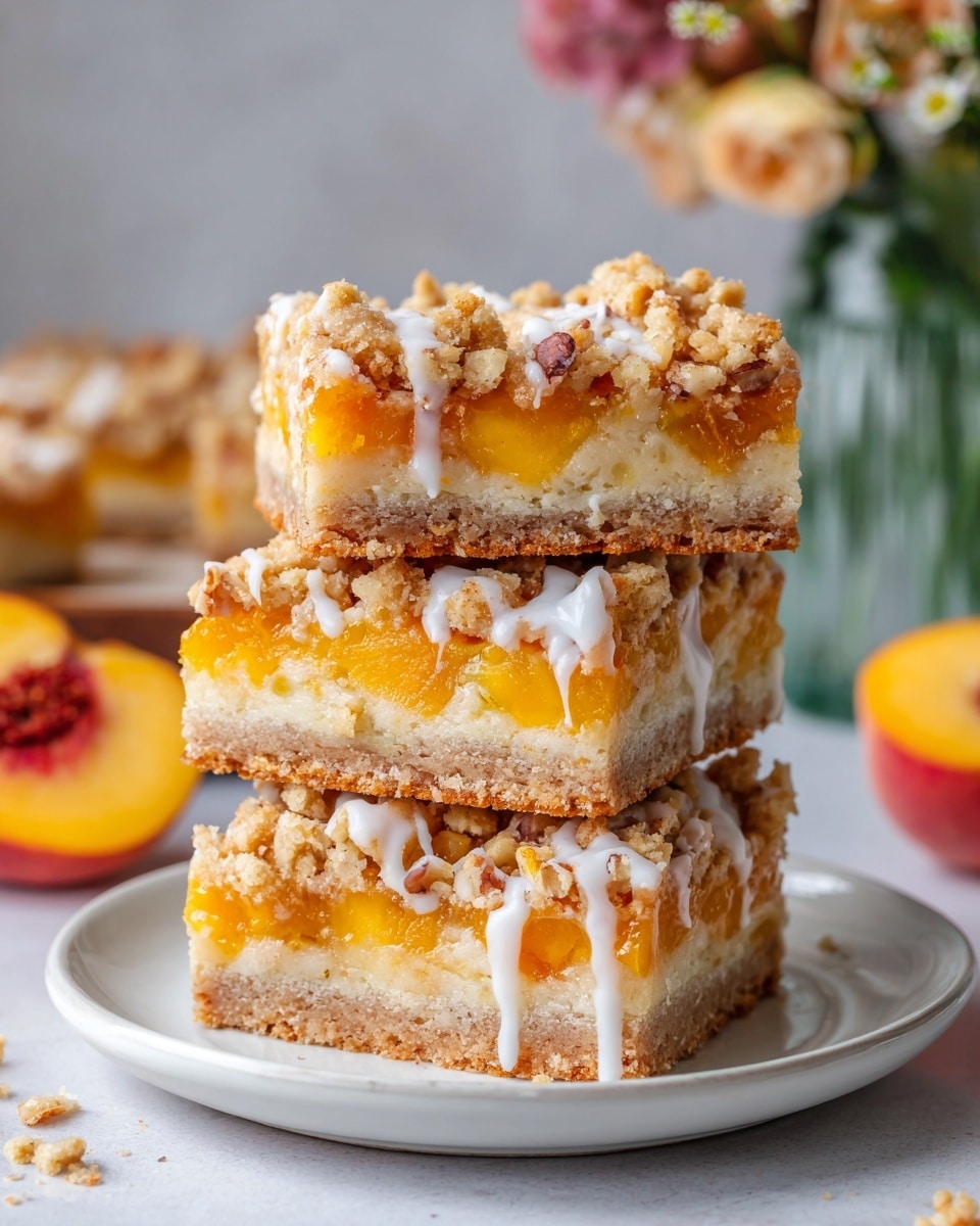 A stack of three square fruit bars sit on a small white plate on a white marbled surface. Each bar has three visible layers: the bottom layer is a light brown crumbly base, the middle layer is juicy and orange with chunks of fruit, while the top layer is a crumbly streusel with pieces of nuts and a light drizzle of white icing. In the background, there is a blurred peach half and glass vase with white flowers. photo taken with an iphone --ar 4:5 --v 7