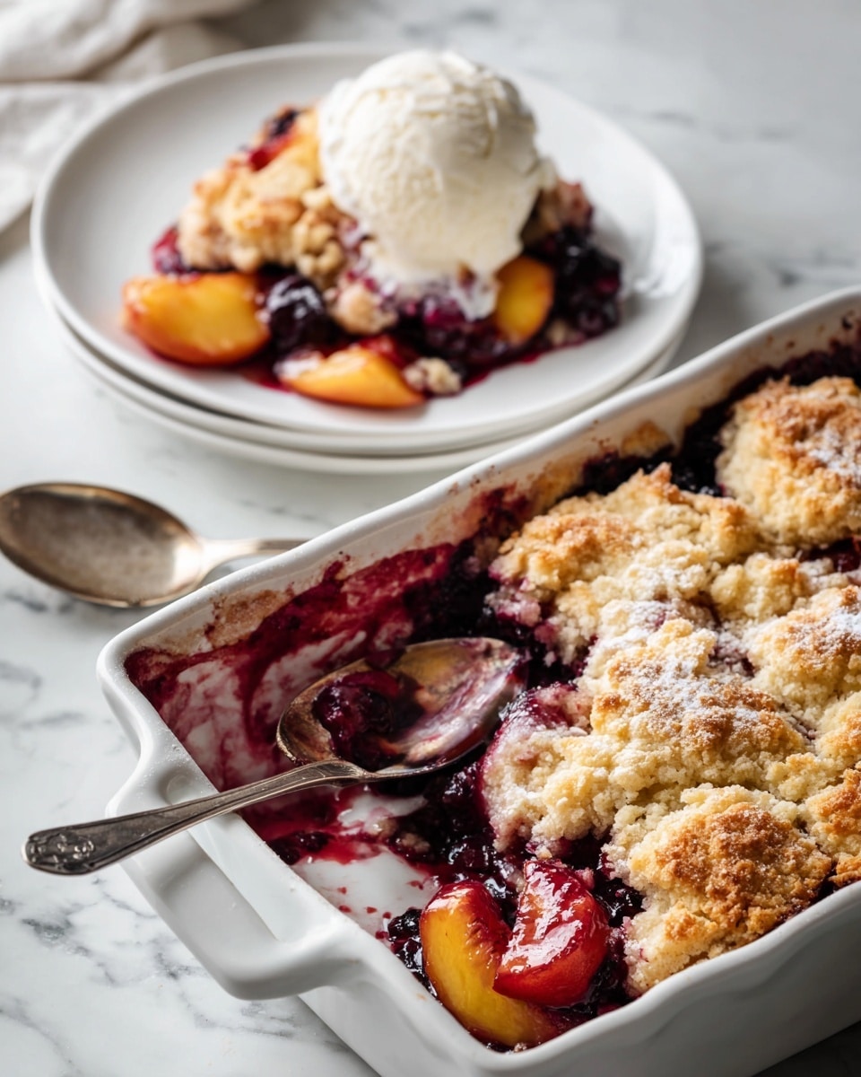 The image shows a white baking dish filled with a fruit cobbler. The bottom layer is made of dark purple and red cooked berries and fruit pieces, likely blueberries and peaches, with a thick syrupy texture. On top, there are golden brown, soft dough pieces unevenly spread over the fruit layer, showing some of the fruit filling peeking through. A scoop of white vanilla ice cream sits on the cobbler, slightly melting and mixing with the fruit syrup. A metal spoon scoops a portion showing the juicy fruit mix and dough. Next to the baking dish, a white plate holds a serving of the cobbler with the same layers visible and a bit of melted ice cream on the side. The dish and plate sit on a white marbled surface. photo taken with an iphone --ar 4:5 --v 7