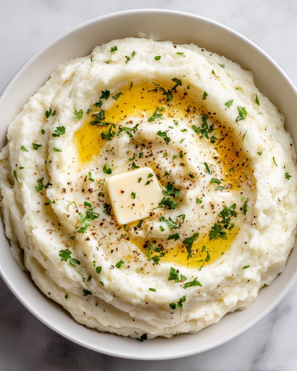 A large white bowl filled with a thick layer of creamy mashed potatoes, swirled in soft, fluffy peaks creating a textured surface; two squares of melting yellow butter rest on top, surrounded by pools of golden melted butter. Small green chopped herbs are sprinkled evenly across the potatoes, along with a light dusting of cracked black pepper, adding contrast to the pale creamy color. The bowl is placed on a white marbled surface, enhancing the dish's warm and inviting look. photo taken with an iphone --ar 4:5 --v 7