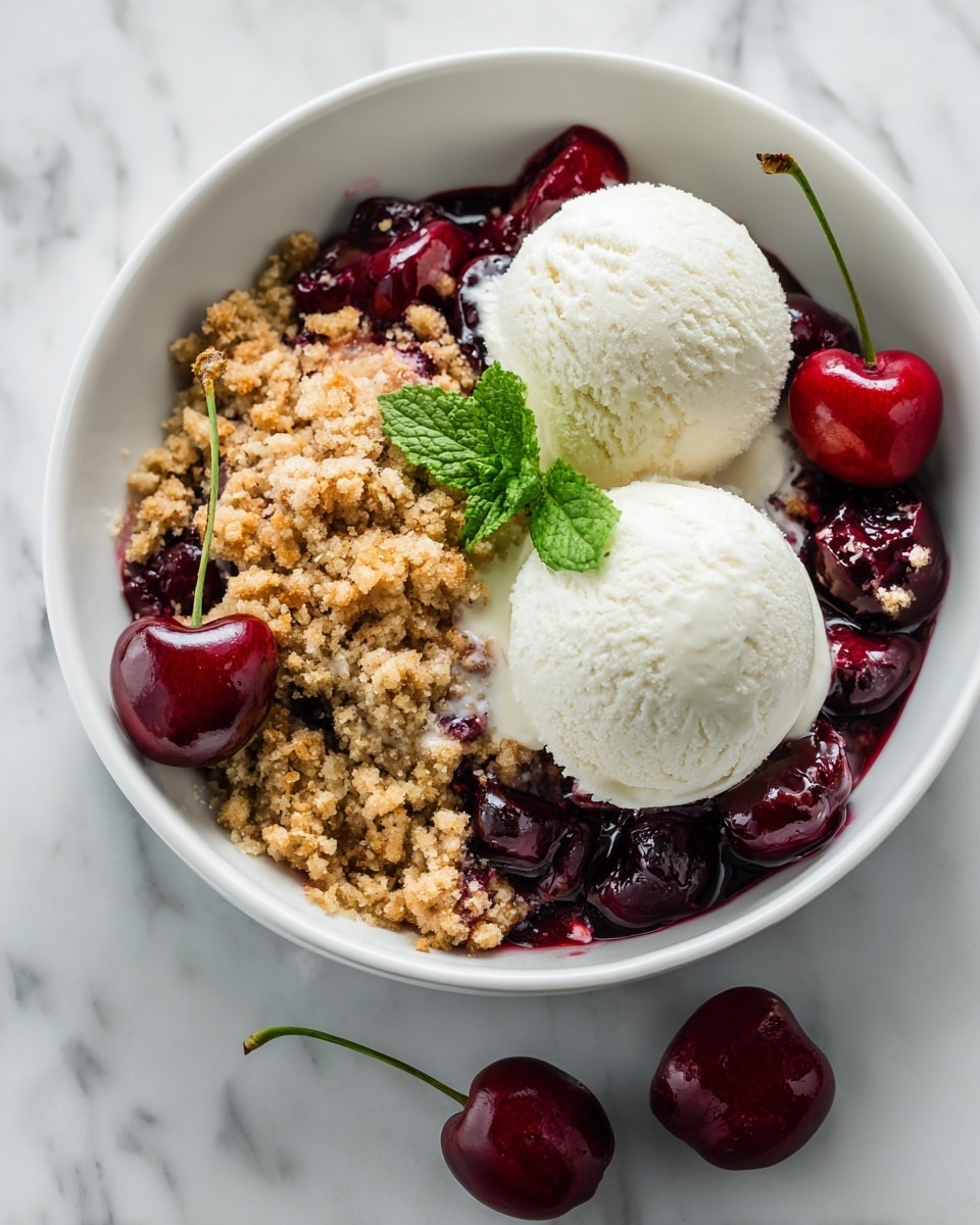 A white round dish holds a cherry crumble dessert with three main layers. The bottom layer is dark red cooked cherries with a shiny, thick texture, filling about half of the visible area. On top, there is a crumbly, golden-brown oat topping that covers more than half of the dish but leaves some cherries visible. On the top right, three light cream-colored scoops of ice cream rest next to a small green mint leaf for garnish. A few whole cherries sit just outside the dish on a white marbled surface. Photo taken with an iphone --ar 4:5 --v 7