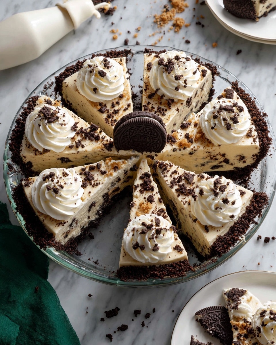 The image shows a clear glass pie dish with a four-layer cookie cream pie. The bottom layer is a dark chocolate cookie crust forming a thick border around the pie. The second layer is a creamy white filling with cookie bits mixed inside, creating a speckled texture. The pie is sliced into seven pieces, with dollops of white whipped cream swirled on top of six slices and a whole dark chocolate sandwich cookie placed in the center. The pie is on a white marbled surface, partly surrounded by some dark chocolate sandwich cookies and a green cloth napkin. A white piping bag with a silver tip sits near the pie dish. Photo taken with an iphone --ar 4:5 --v 7