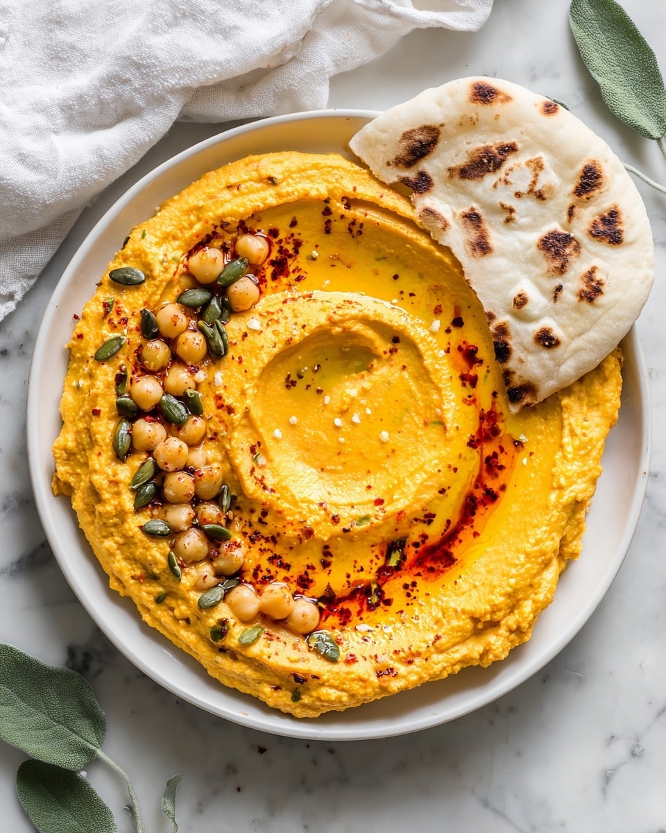 A white plate holds a thick layer of orange hummus swirled with a smooth texture, filled in the center with golden olive oil. On top of the hummus, there are scattered whole chickpeas and green pumpkin seeds, along with a dusting of red chili powder and black pepper. On the right side of the plate, several pieces of white naan bread with dark char spots rest partially on the hummus. The plate is set on a white marbled surface with a white cloth and green leaves nearby. Photo taken with an iphone --ar 4:5 --v 7