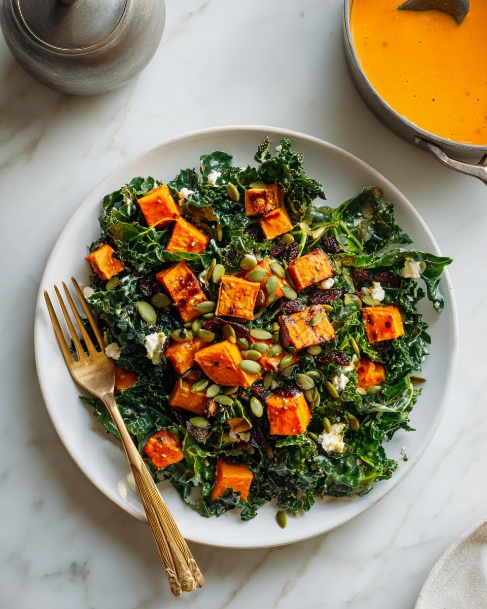 A white round plate holds a salad made of three main layers: large golden-orange roasted sweet potato cubes with a slightly browned outer texture, a layer of dark green kale leaves mixed throughout the plate, and creamy white dollops of soft cheese scattered on top. Small pumpkin seeds and tiny pieces of what looks like dried fruit are mixed within the salad, giving it extra texture and color. A golden fork lies on the right side of the plate with its tip under some salad, and the plate sits on a white marbled surface. In the top right corner, there is a clear container with a golden-brown dressing that has spilled a little on the surface. Photo taken with an iphone --ar 4:5 --v 7