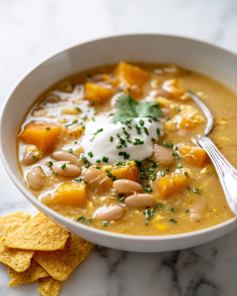 A bowl of creamy soup with three main layers: the base layer is a smooth, light yellow cream with visible white beans and chunks of soft orange pieces, likely squash. The next layer shows small, crushed crispy pieces scattered on top, mixed with finely chopped green herbs evenly spread across the bowl. The top layer features a dollop of white cream and two bright green cilantro leaves placed to the side. A silver spoon rests on the right edge of the bowl, dipped into the soup. The bowl is white and sits on a white marbled textured surface, surrounded by some scattered crushed crispy pieces. Photo taken with an iphone --ar 4:5 --v 7