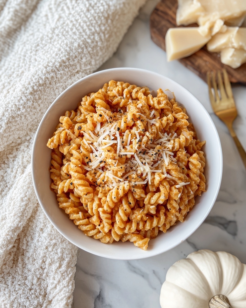 A speckled white bowl with a handle holds one layer of curly pasta covered in small melted cheese shreds and sprinkled with black pepper. To the right, chunks of hard cheese and scattered cheese shreds sit on a white marbled surface. A soft, chunky cream-colored knit fabric is partially visible on the upper left side, and a small white pumpkin is at the bottom left on the white marbled surface. photo taken with an iphone --ar 4:5 --v 7