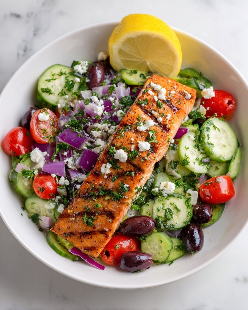 A white round plate with a grilled salmon fillet placed in the center, showing light grill marks and topped with small white cheese crumbles and chopped green herbs. The bottom layer under the salmon is a colorful salad made of halved red cherry tomatoes, sliced cucumbers, whole dark olives, and small red onion pieces, all mixed with green herb sprigs. On the left side of the plate, there is a lemon wedge. The plate is set on a white marbled surface. photo taken with an iphone --ar 4:5 --v 7