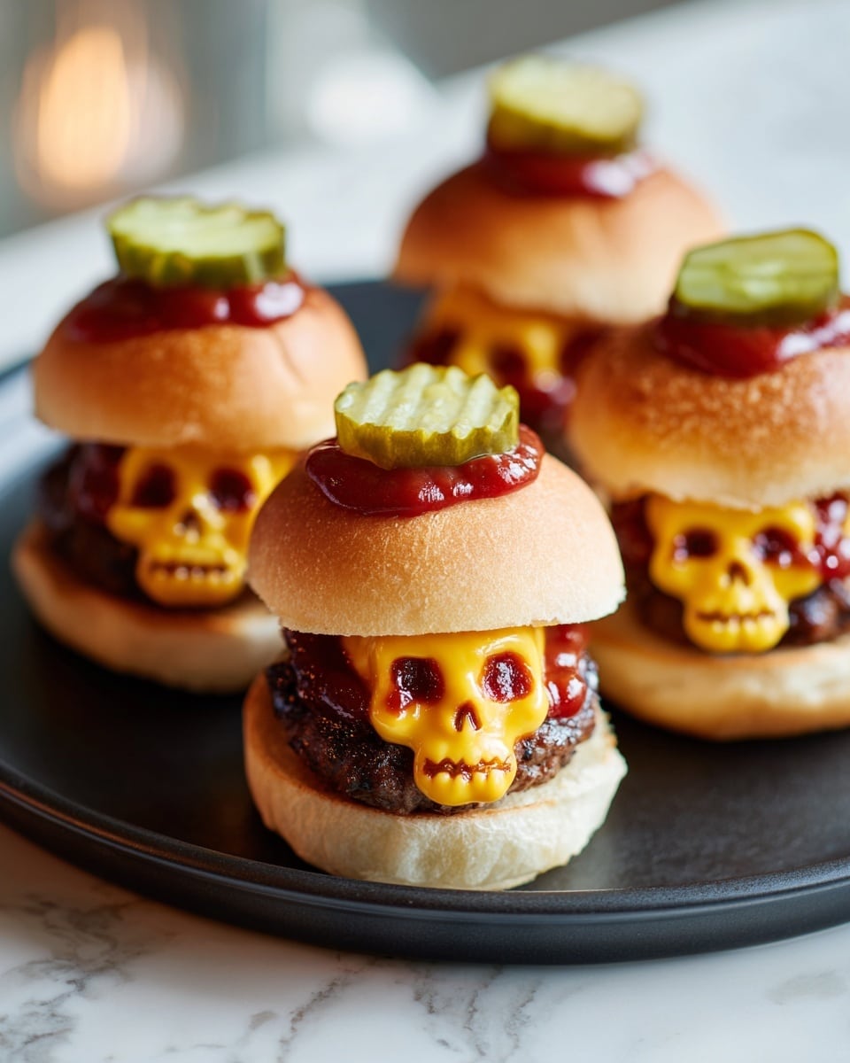 The image shows four small burgers shaped like skulls, arranged closely on a black cast iron pan placed on a white marbled surface. Each burger has three main layers: the bottom bun is golden brown and slightly toasted, the middle layer is a dark brown grilled beef patty topped with melted bright yellow cheese that is shaped like a skull, with ketchup filling the eye sockets and nostrils, and the top bun is golden brown with a red ketchup swirl and two green pickle slices placed on top. The lighting highlights the glossy texture of the ketchup and pickles with a soft focus on the background. Photo taken with an iphone --ar 4:5 --v 7
