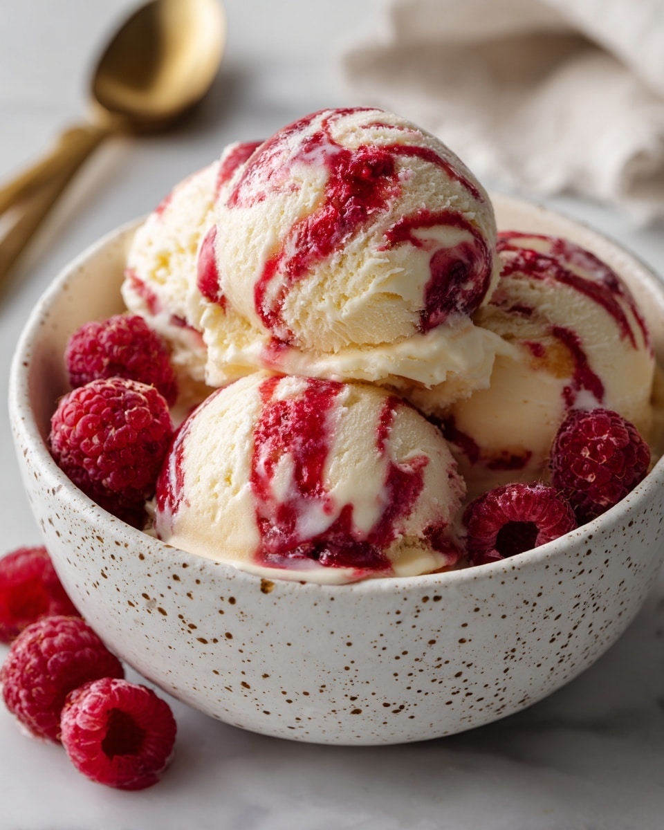 The image shows a white speckled bowl filled with three round scoops of vanilla ice cream swirled with bright red raspberry sauce, giving each scoop a marbled look with white and red colors. Around the ice cream, there are several fresh red raspberries placed inside the bowl and a few more on the white marbled surface. A gold spoon with a shiny surface is partially visible in the background, lying on the white marbled texture. The overall look is clean, simple, and fresh, with a focus on the creamy texture of the ice cream and the bright red raspberries. photo taken with an iphone --ar 4:5 --v 7