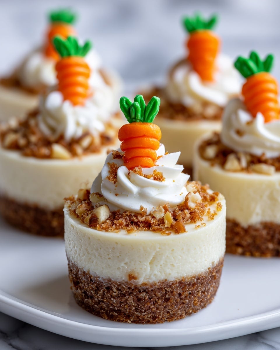 The image shows several small round mini cheesecakes on a white plate, each having three layers: a bottom brown crumbly crust, a thick middle creamy white cheesecake layer, and a top layer of light brown crushed nuts. On the very top, there is a swirl of white frosting sprinkled with small pieces of nuts and tiny shreds of orange carrot, and each cheesecake is finished with a small orange carrot decoration with green leaves made of icing placed upright in the frosting. The background is a soft white marbled texture, giving a clean and bright look to the scene. photo taken with an iphone --ar 4:5 --v 7