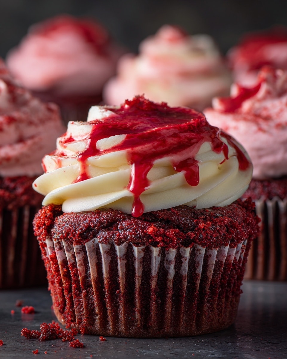 A close-up of a red velvet cupcake with three layers: the bottom layer is dense red cake, the middle layer is smooth light pink cream inside the cupcake, and the top layer is thick white cream frosting with red sauce dripping down from the top. The cupcake is surrounded by other similar cupcakes with white cream and red sauce on top, all placed on a dark surface. The cupcake in front is partially unwrapped with red crumbs on the white paper liner. photo taken with an iphone --ar 4:5 --v 7