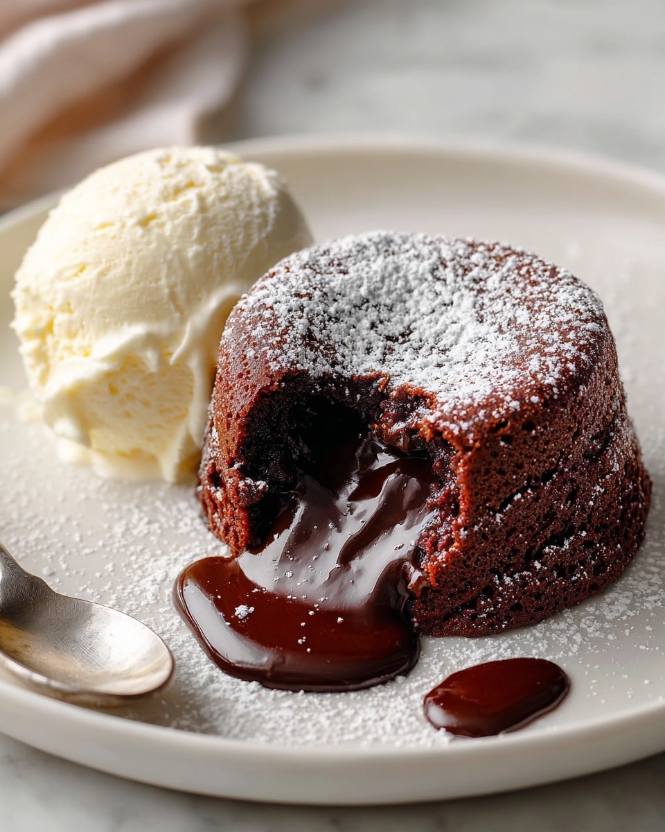 A white plate holds a chocolate lava cake with a soft, moist dark brown outer layer and a thick, glossy dark chocolate liquid center oozing out from a cut section. Next to the cake, there is a smooth, creamy scoop of pale white ice cream. A silver spoon sits on the plate near the cake, and a woman's hand is holding the spoon. The cake is lightly dusted with white powdered sugar on top. The plate is placed on a white marbled surface. photo taken with an iphone --ar 4:5 --v 7