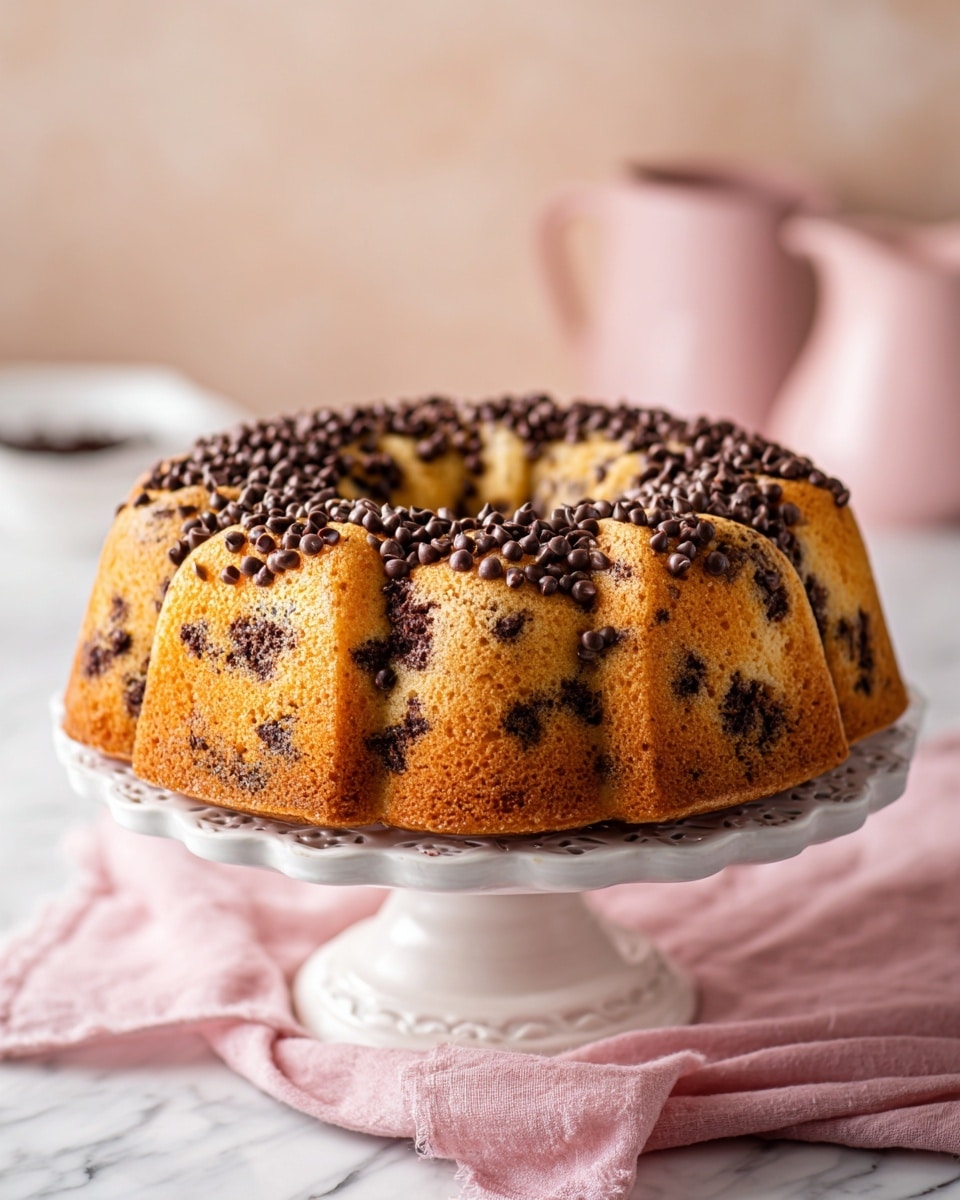 A tall bundt cake sits on a white cake stand with a smooth, creamy texture and light brown color. The cake has many dark chocolate chips mixed inside, which are scattered evenly throughout its thick layers. The top of the cake is decorated with extra small chocolate chips, adding a crunchy look to the smooth surface. The cake stand is placed on a soft pink cloth over a white marbled surface, with a silver knife and fork nearby. The setting is cozy and inviting, focused on the rich texture of the cake. photo taken with an iphone --ar 4:5 --v 7