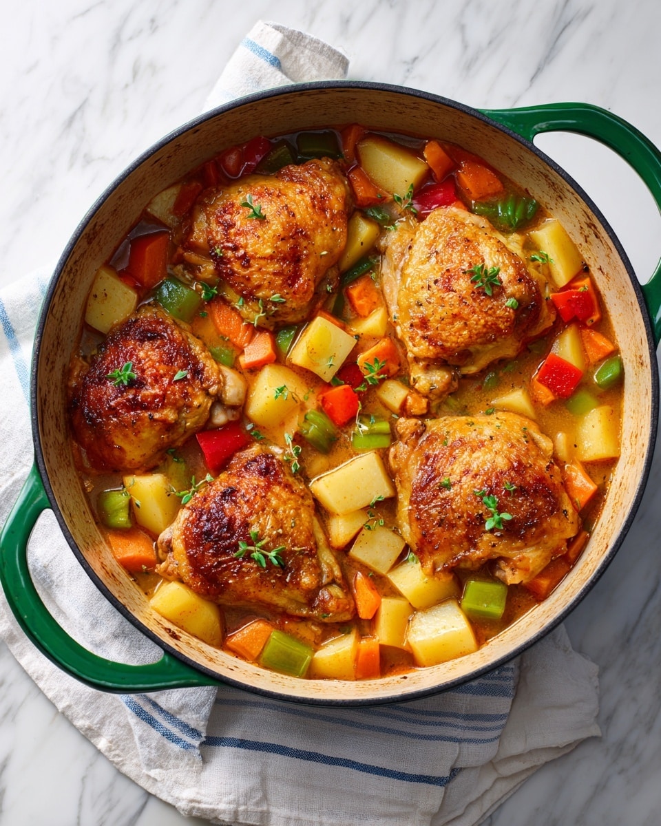A deep green pot filled with a stew shows four cooked chicken pieces on top, browned with roasted skin and small green herb leaves scattered over them. Below the chicken, the stew has multiple colorful vegetables, including orange carrot chunks, yellow potato pieces, red and green bell peppers, all mixed in a reddish broth. The pot sits on a white marbled surface with a soft cloth underneath. photo taken with an iphone --ar 4:5 --v 7