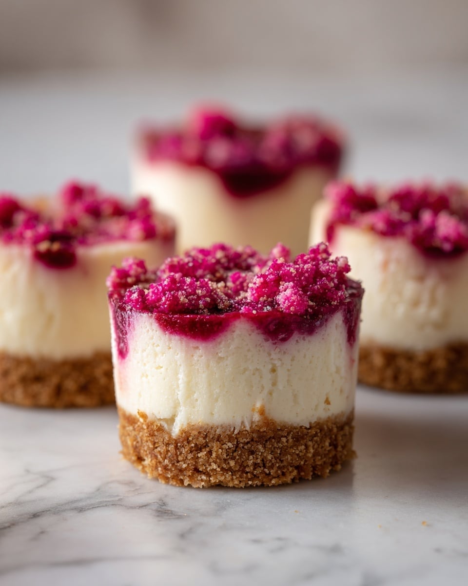 The image shows several small round cheesecake bites placed closely together on a white marbled surface. Each cheesecake has three visible layers: a bottom crumbly golden-brown crust, a thick middle layer of smooth creamy white cheesecake filling, and a top layer of pink and red crumbly topping that looks like streusel or crushed fruit crumbs. The texture of the crust is rough and grainy, the cheesecake layer is creamy and smooth, and the crumb topping is coarse with small chunks. The lighting highlights the soft texture of the cheesecake and the vibrant pink-red colors of the topping, with a shallow focus making the closest cheesecake in sharp detail while the others softly blur into the background. photo taken with an iphone --ar 4:5 --v 7