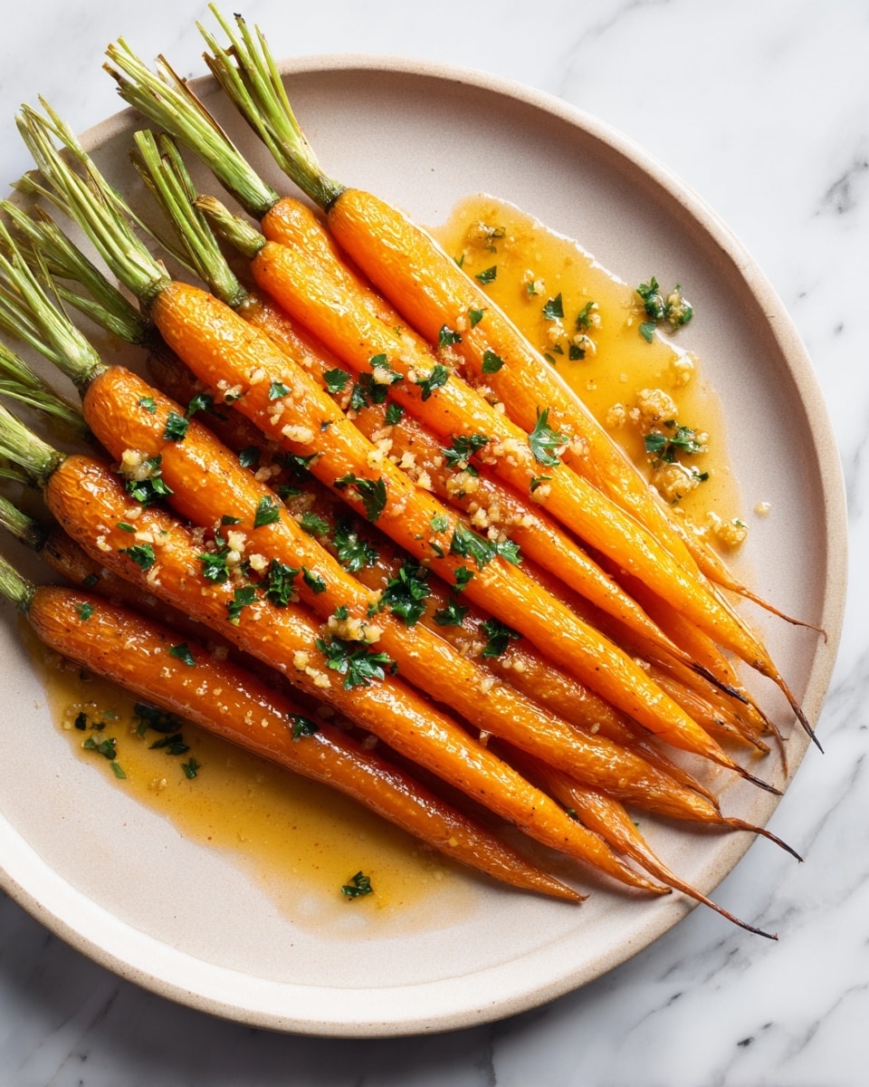 A beige white plate holds ten shiny roasted carrots arranged in a neat row, all pointing in the same direction with green tops still attached at the far end. The orange carrots have a glossy texture from a golden sauce pooling slightly at the bottom and are sprinkled with small green parsley leaves and coarse bits that look like garlic or salt. The plate sits on a white marbled surface. photo taken with an iphone --ar 4:5 --v 7