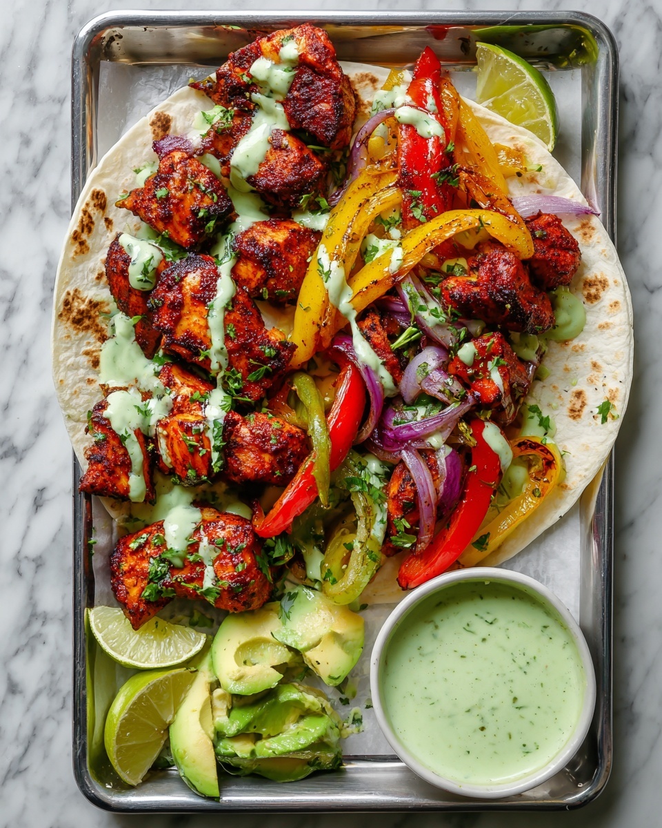 A close-up showing a baking tray with three main areas: on the left, many small, golden-brown, spicy chicken chunks topped with chopped green herbs on a shiny silver tray; below them, a colorful mix of cooked sliced bell peppers in red, yellow, and green with dark purple onion slices, also sprinkled with herbs; on the right, a soft white tortilla layered with grilled chicken pieces and sliced peppers, covered with a light green sauce, partly folded with two extra plain white tortillas underneath, and two bright green lime wedges next to the tortillas. The background is a white marbled surface. photo taken with an iphone --ar 4:5 --v 7