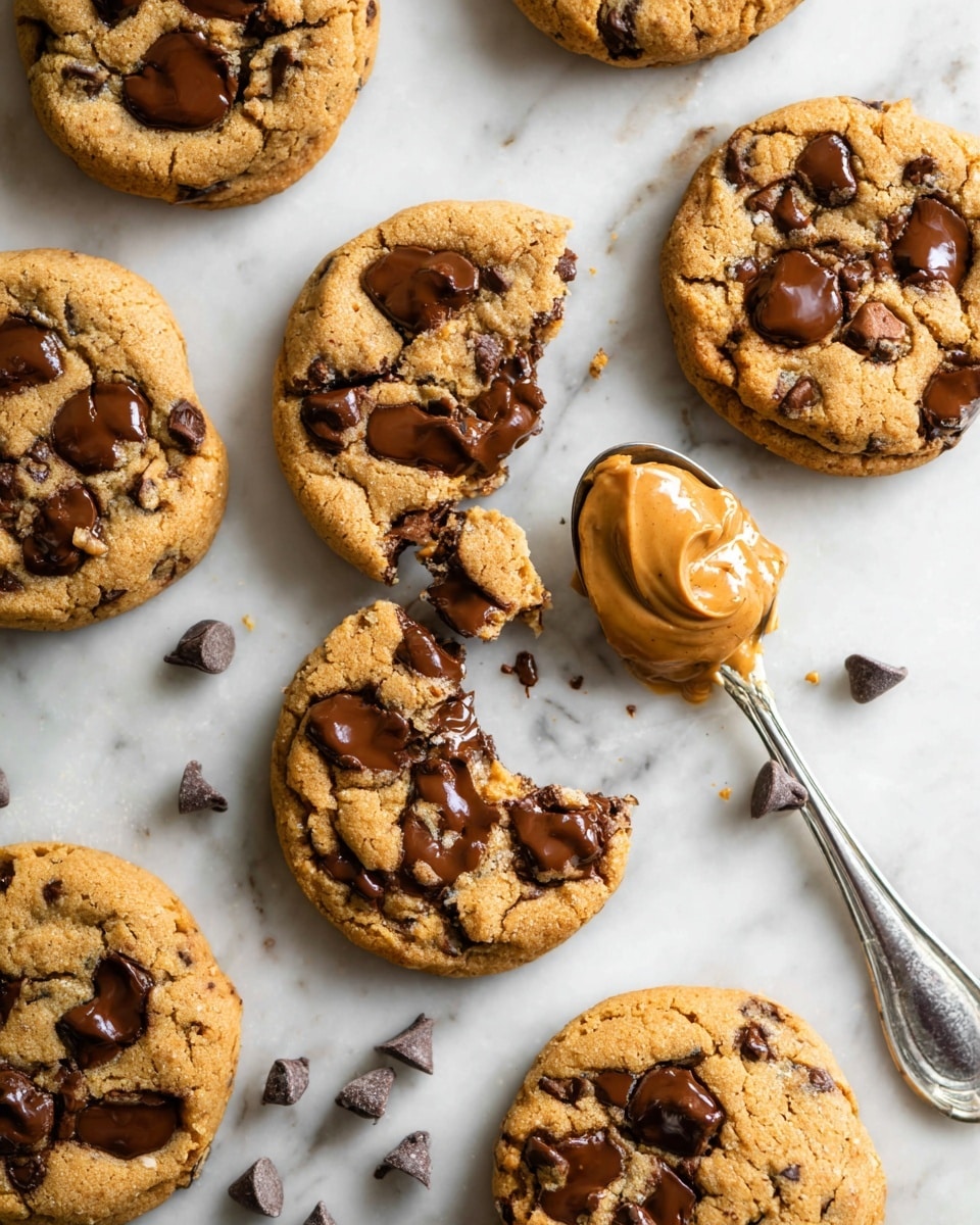 Several golden-brown chocolate chip cookies with a slightly cracked texture are spread on a white marbled surface. Each cookie shows dark, shiny chocolate chips both embedded and slightly melted on top. One cookie is broken in half, revealing a soft inside with gooey chocolate chips. Near the cookies, a silver spoon holds a smooth scoop of creamy light brown peanut butter with one chocolate chip on it, resting on a small spread of peanut butter on the surface. The arrangement looks warm and inviting, with natural lighting highlighting the textures and colors of the cookies and peanut butter photo taken with an iphone --ar 4:5 --v 7