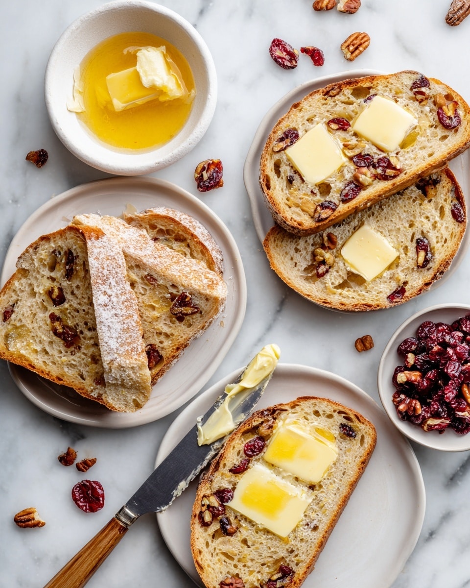 The image shows four slices of nut and fruit bread with bits of cranberries and walnuts inside. One slice is spread with soft butter in three uneven patches on top and is placed on a white plate near the top right. Three more slices lie below on a white plate, overlapping each other. To the left of the top plate, there's a small bowl with soft butter that has an indentation in the middle. A butter knife with soft butter on its blade rests on the plate with three slices. The background is white marble with a pink cloth napkin to the right. Photo taken with an iphone --ar 4:5 --v 7