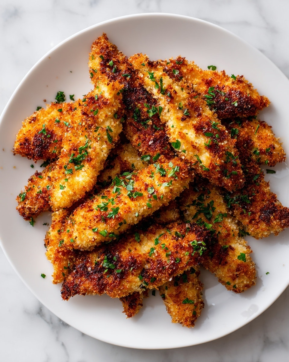 The dish shows nine pieces of golden brown, crispy fried chicken tenders arranged closely together on a white round plate. Each piece is coated in a textured, crunchy crumb layer with darker toasted spots, and fresh small green herb bits are sprinkled evenly over the chicken. The background is a white marbled surface. photo taken with an iphone --ar 4:5 --v 7
