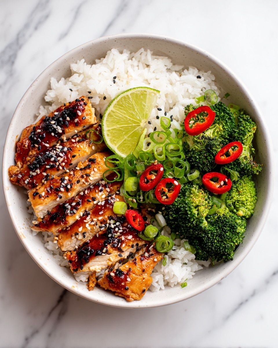 A white bowl holds three main layers: the bottom layer is a bed of soft white rice with separated grains, the middle layer consists of bright green broccoli florets arranged on one side, and the top layer features sliced golden-brown grilled chicken glazed with a shiny dark sauce, sprinkled with white and black sesame seeds, chopped green onions, and thin bright red chili slices scattered over the chicken and broccoli. A fresh lime wedge with visible juicy segments rests on the rice near the broccoli. The bowl sits on a white marbled surface. Photo taken with an iphone --ar 4:5 --v 7