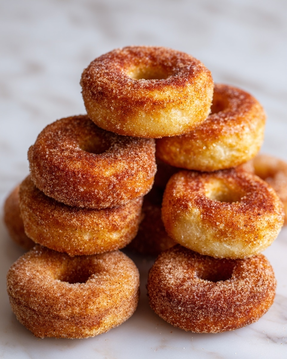 A pile of golden brown donuts stacked in a loose pyramid with seven donuts visible, each donut is covered with a sugar and cinnamon coating that gives a textured, slightly grainy look. The donuts have a soft, fluffy appearance with a light crisp outer layer. They rest directly on a white marbled surface with soft natural light highlighting their warm, inviting color and texture. The background is softly blurred in neutral tones, keeping the focus fully on the donuts. photo taken with an iphone --ar 4:5 --v 7
