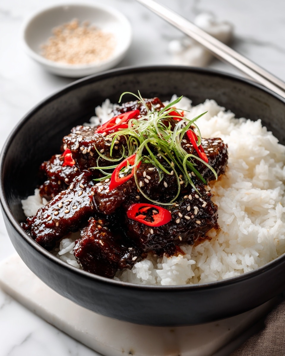 A black bowl filled with white cooked rice as the base layer, topped with a piece of dark brown glazed meat covered with sesame seeds. On the left side of the meat, there are thin green scallion spirals and scattered red chili slices on and around the meat and rice. The bowl is placed on a white marbled surface, with a small white bowl containing sesame seeds in the background and a pair of metal chopsticks to the right. photo taken with an iphone --ar 4:5 --v 7