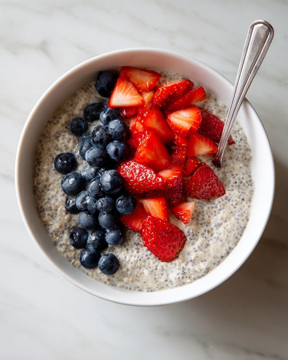 A white bowl filled with a creamy chia seed pudding that has a grayish texture mixed with oat flakes spread across most of the bowl. On the right side, there is a pile of fresh blueberries and sliced strawberries with bright red and deep blue colors creating contrast. A silver spoon is resting inside the bowl, partially covered with the red strawberries. The bowl is placed on a white marbled surface. photo taken with an iphone --ar 4:5 --v 7