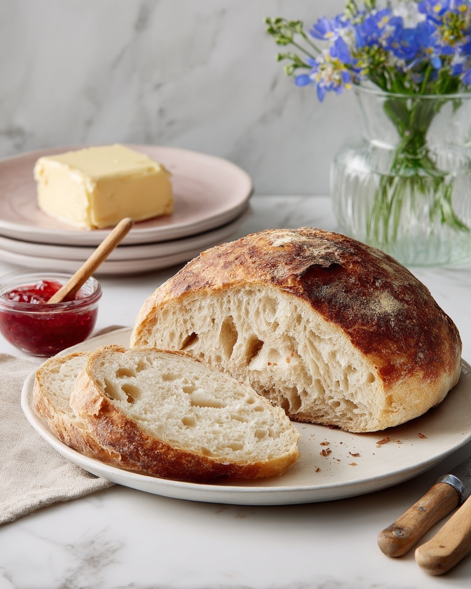A white plate on a white marbled surface holds a loaf of bread and two slices. The loaf has a dark brown crust with a circular pattern on top, showing a rough texture. The cut bread's inside is light cream with airy holes, soft and spongy in look. Next to the plate, there is a small glass bowl with red jam and a small light wooden spoon inside it. Behind, a small rectangular white dish contains a stick of yellow butter with a wooden butter knife resting on its edge. A folded light purple cloth with a floral pattern is partly under the plate. The background also shows two stacked pink plates, two white cups filled with dark coffee, and a clear vase with tall blue and white flowers. photo taken with an iphone --ar 4:5 --v 7