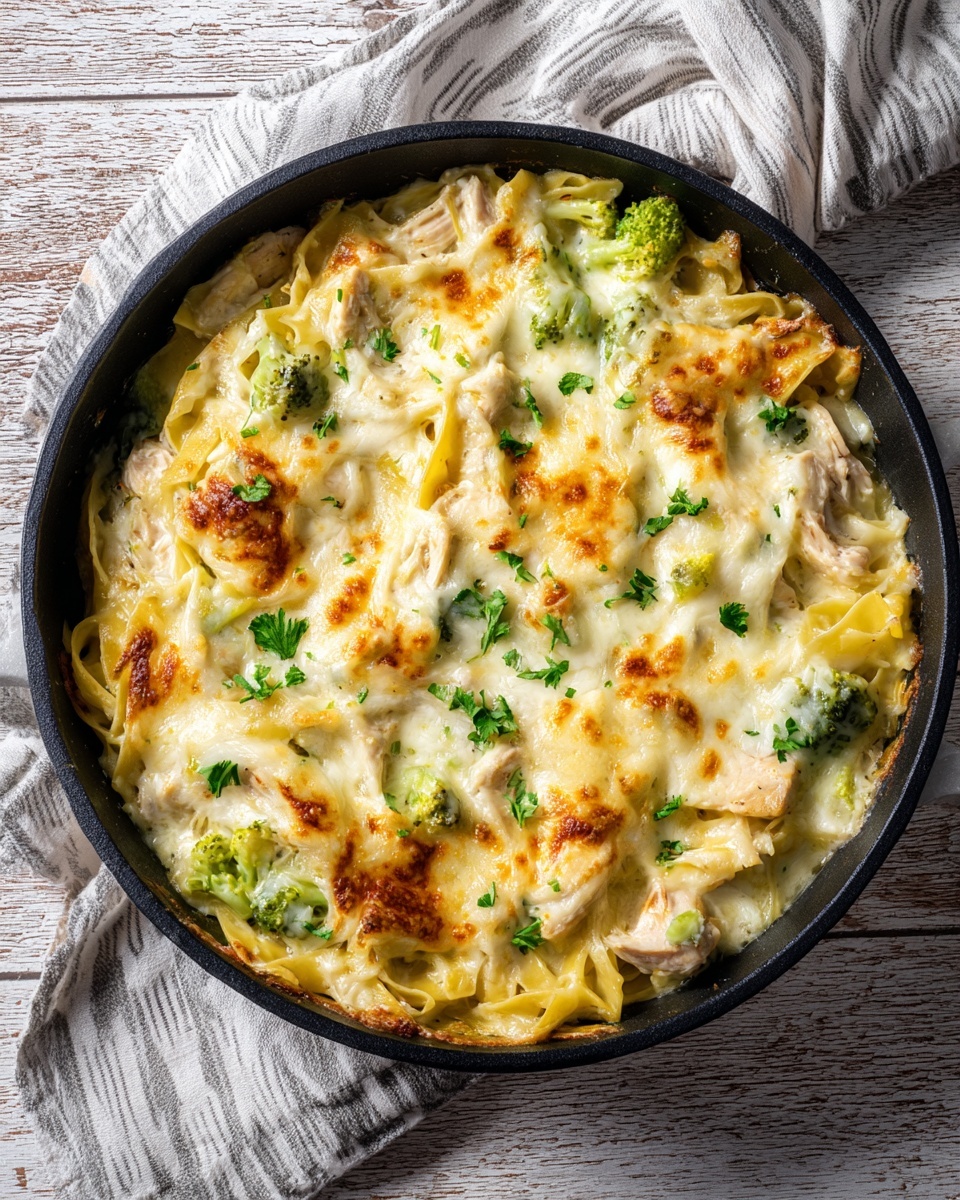 A black cast iron skillet filled with a creamy baked dish that has multiple layers of soft pasta sheets covered with melted cheese that is golden brown and slightly bubbly on top. There are visible green leafy herbs scattered across the surface, adding a fresh pop of color. The layers underneath seem to hold a mix of shredded light-colored chicken and green vegetables, possibly broccoli. The skillet rests on a wooden board with a white and brown checkered cloth nearby, all placed on a white marbled surface. Photo taken with an iphone --ar 4:5 --v 7