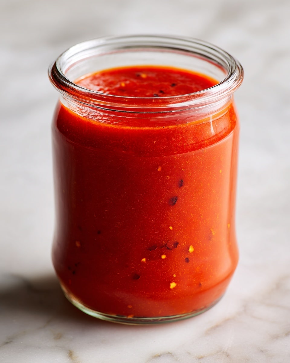 A clear glass jar filled with a smooth, thick red sauce that has a slightly oily shine on the surface. The sauce fills the jar almost to the top, showing some texture inside with small visible bits of spices or herbs. The jar is placed on a white marbled surface with a soft background that is out of focus, making the jar the main focus of the image. photo taken with an iphone --ar 4:5 --v 7