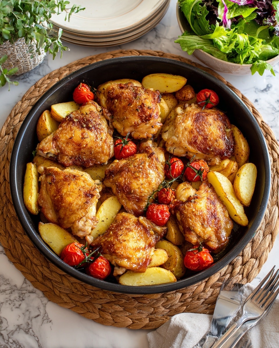 A round black pan filled with six golden-brown cooked chicken pieces that have a crispy skin, mixed with wedges of light yellow roasted potatoes surrounding the chicken. Small clusters of bright red roasted tomatoes are placed on the chicken and between the potatoes, adding a splash of color. The pan is set on a white marbled surface near some stacked white plates and a bowl of fresh green salad. Photo taken with an iphone --ar 4:5 --v 7