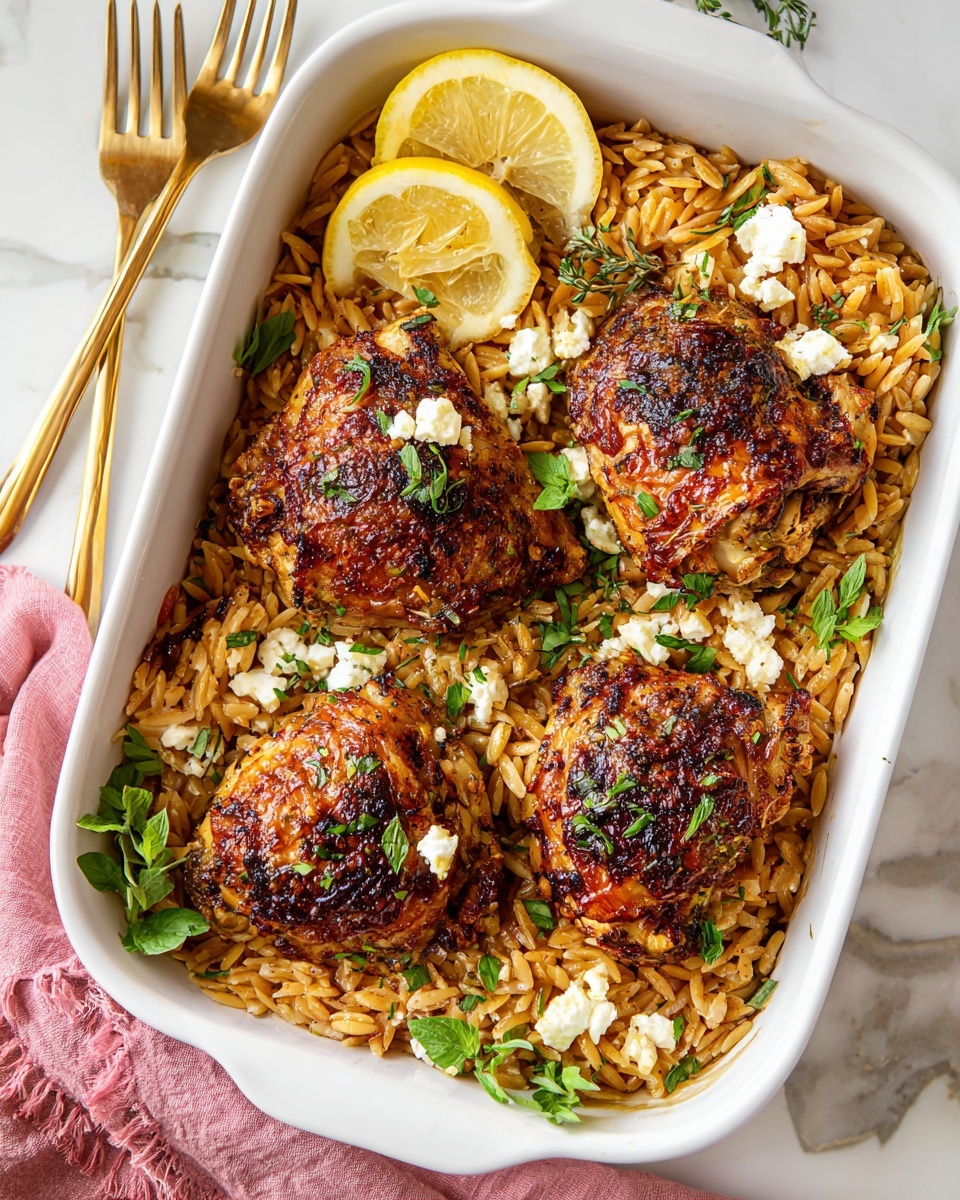 A white dish holds a bed of golden brown cooked orzo pasta as the base layer, with several pieces of roasted chicken thighs that have a crispy, golden-brown skin sitting on top. Scattered chunks of white cheese and small green herb leaves decorate the chicken and orzo. Two lemon wedges, bright yellow with a juicy texture, are placed on one side of the dish. The dish is on a white marbled surface, with a gold spoon and a light pink cloth partially visible nearby. Photo taken with an iphone --ar 4:5 --v 7