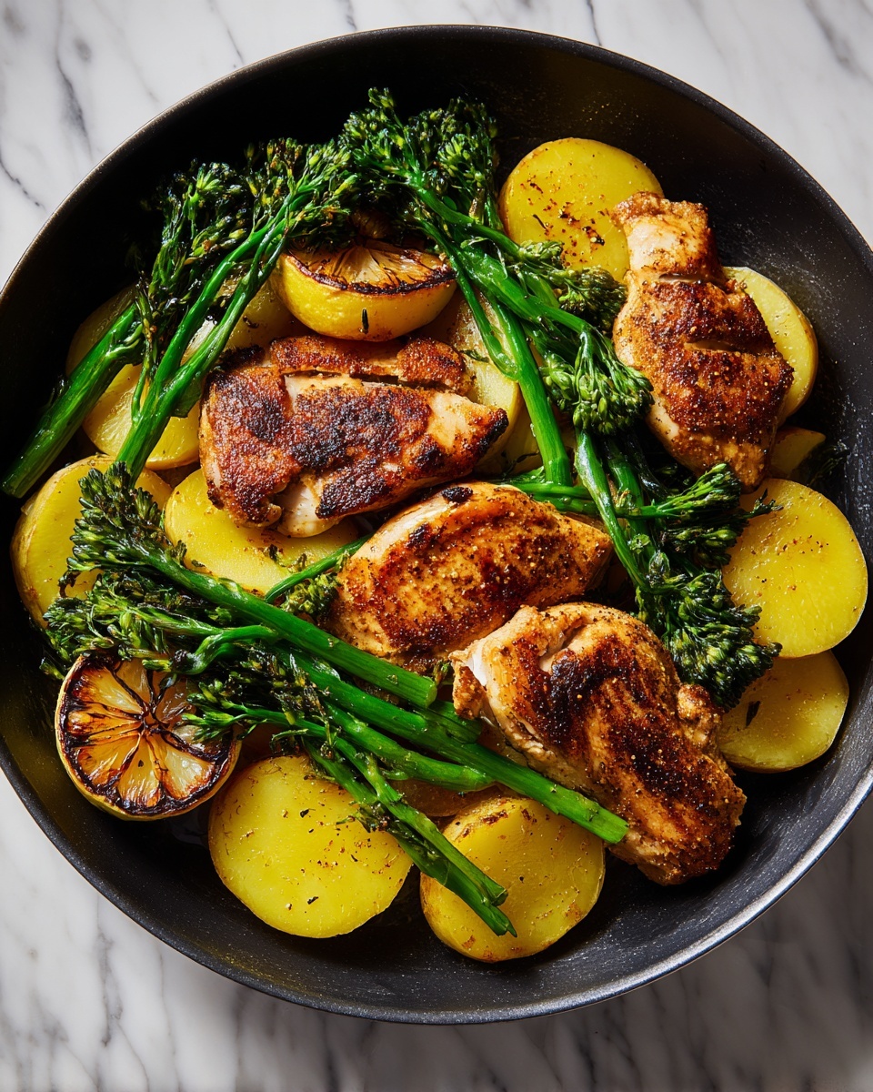 The image shows a close-up of golden brown roasted chicken pieces with crispy skin placed on top of thick, slightly browned potato slices. Surrounding the chicken and potatoes are bright green stalks of tender broccolini, some resting over the chicken, adding a fresh contrast. There are also halved lemon pieces with caramelized edges nestled beside the chicken. All the food is arranged inside a black pan against a white marbled surface. The textures show the crispy chicken skin, soft potato layers, and the vibrant, smooth broccolini photo taken with an iphone --ar 4:5 --v 7