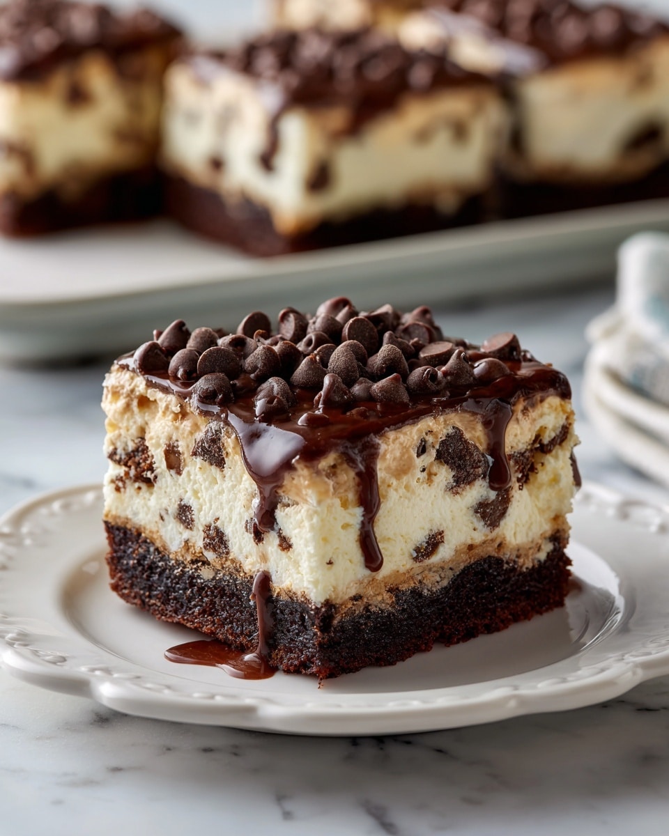 The image shows a close-up of a two-layer dessert square on a white scalloped plate sitting on a white marbled surface. The bottom layer is a dark, moist chocolate cake with a soft crumb texture. On top of the cake is a thick, light brown creamy layer that looks fluffy, covered with many small, dark brown chocolate chips. Dark chocolate sauce is drizzled on top, running down slightly into the creamy layer. More pieces of the same dessert are blurred in the background, also on a white marbled surface. photo taken with an iphone --ar 4:5 --v 7