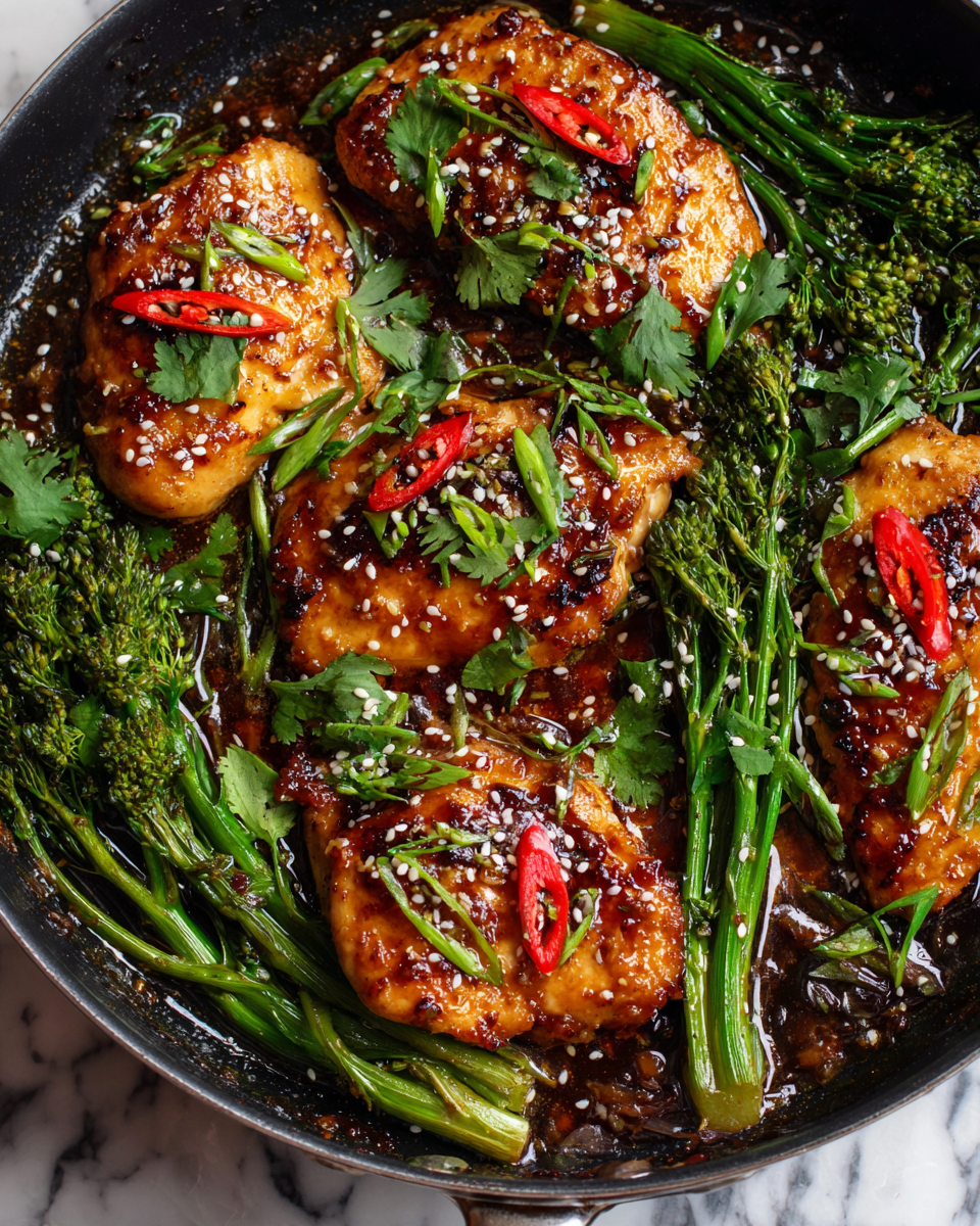 A close-up image of a black baking tray filled with cooked layered pieces of golden brown chicken thighs sprinkled with white sesame seeds and topped with thin round slices of red chili, scattered evenly. Among the chicken pieces, there are roasted green broccolini with charred spots, cooked dark purple onion wedges with glossy texture, and fresh green cilantro leaves placed on top. The dish looks glossy with a sticky sauce coating the chicken and vegetables, and the tray is set on a white marbled surface. Photo taken with an iphone --ar 4:5 --v 7