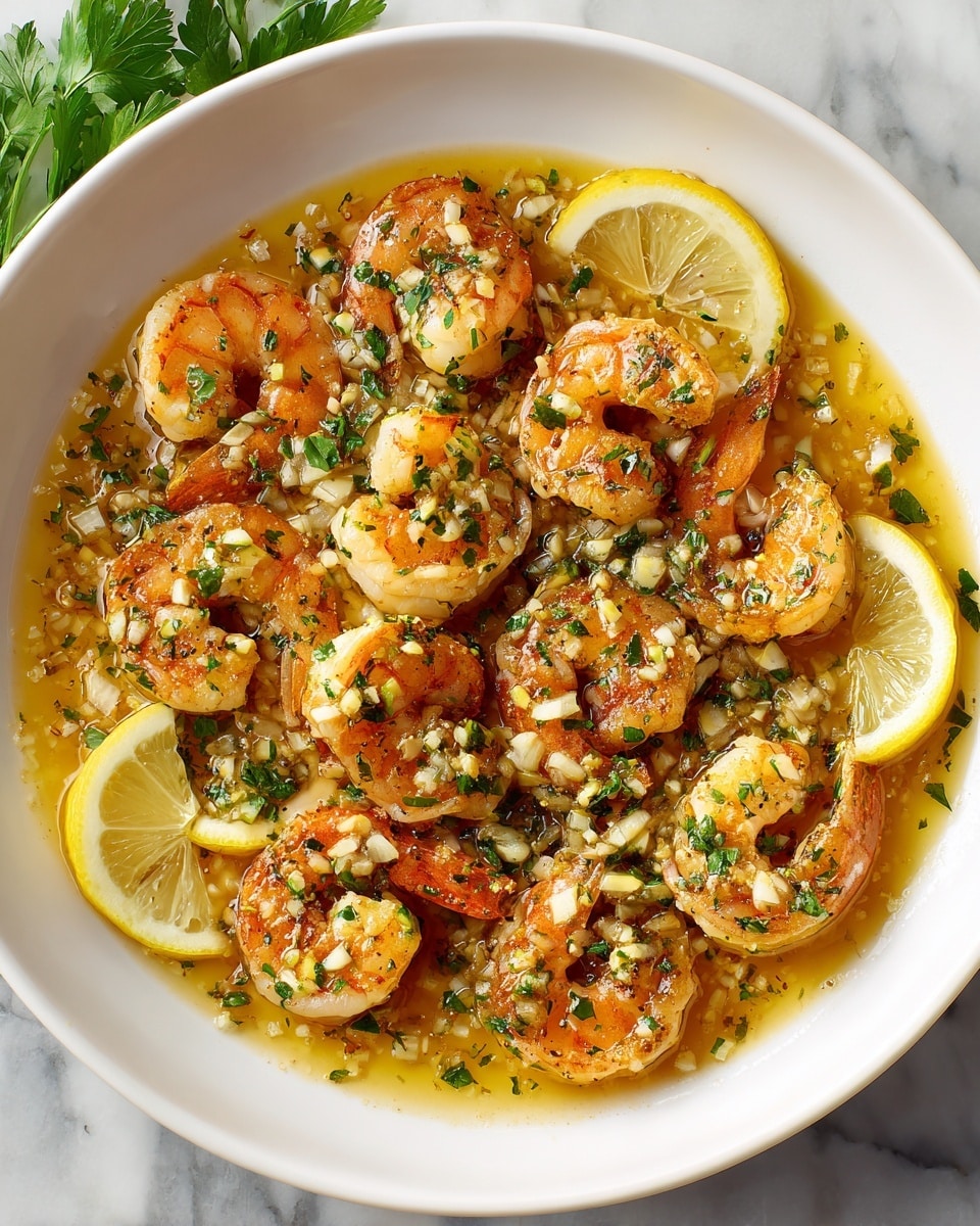 A white round plate filled with a shallow layer of golden yellow sauce dotted with bits of green herbs and slices of white garlic. On top, there are about fourteen orange-pink shrimp, arranged evenly around the plate, each with some black pepper and green herb flakes on them. In the top left and right side of the plate, there are thin lemon slices partially resting in the sauce. The background is a white marbled texture with some garlic bulbs and parsley leaves visible on the top right and left edges. photo taken with an iphone --ar 4:5 --v 7