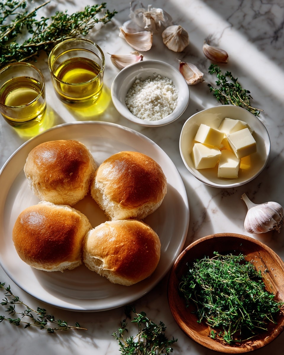 The image shows four round golden-brown bread rolls on a white plate at the bottom left, with a soft texture and light crust. Surrounding the plate on a white marbled surface are clear glass containers filled with yellow olive oil and honey, two small white bowls—one with white powder flour and the other with butter cubes—and a wooden bowl containing fresh green thyme leaves. There are three garlic cloves and fresh thyme sprigs scattered across the scene, giving a natural and fresh feeling. All items are placed in soft natural light with shadows that create depth and warmth. photo taken with an iphone --ar 4:5 --v 7