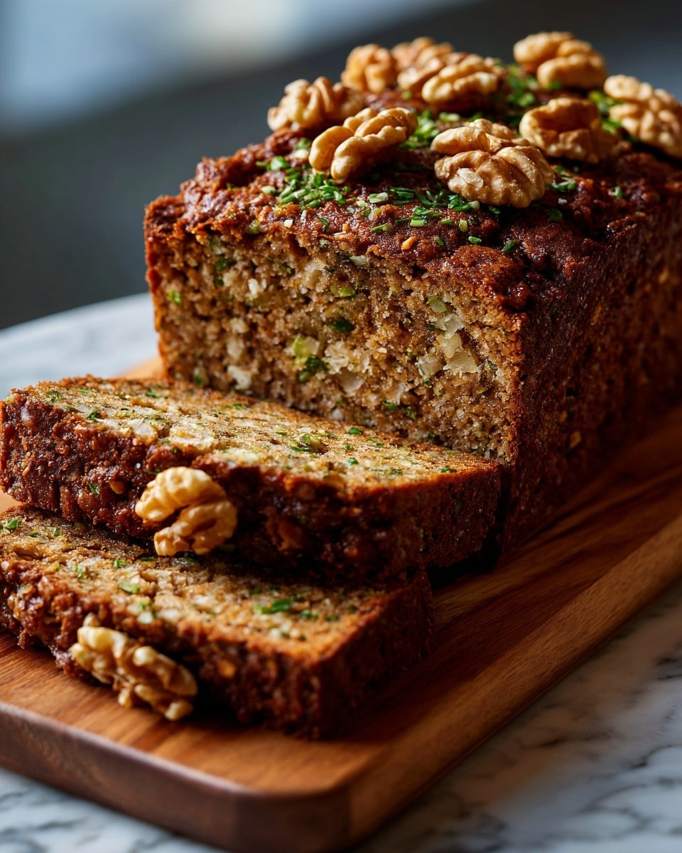 A loaf-shaped brown cake with a rough textured crust is placed on a wooden board over a white marbled surface. The cake is sliced into four thick pieces, each showing a moist inside with small green bits scattered throughout. The top of the cake and the cut slices are decorated with large, light brown walnut halves that add a rough texture contrast. The cake’s color is a warm brown with some darker spots on the crust, and the layers are dense and moist. Photo taken with an iphone --ar 4:5 --v 7