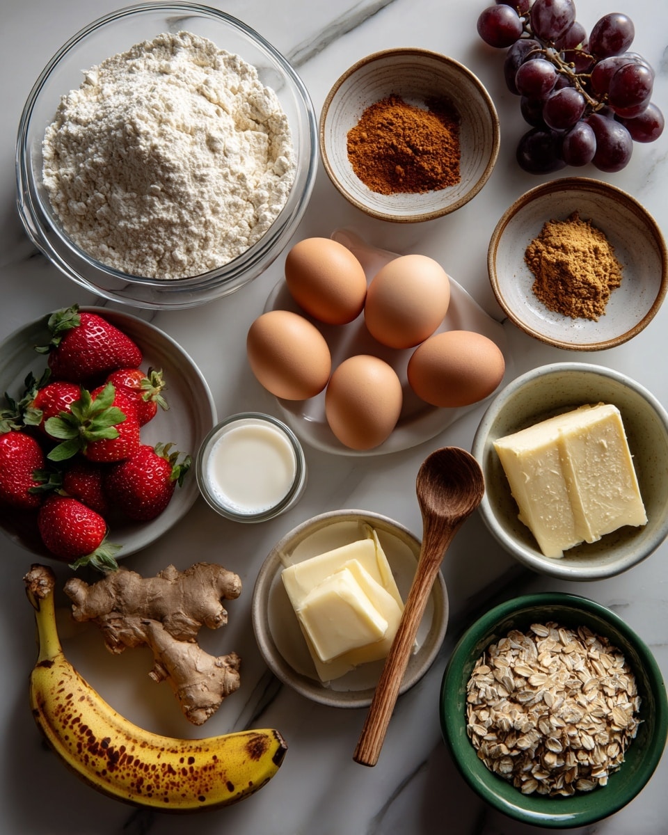 The image shows a neat arrangement of baking ingredients on a white marbled surface. There is one clear glass bowl on the top left filled with white flour. Next to it on the right are two small ceramic bowls with brown and orange spices, plus a wooden spoon holding more of the brown spice. Below these, five light brown eggs are scattered in the center. To the right of the eggs is a small clear glass filled with white milk. Two yellow bananas with brown spots lie diagonally below the milk. On the bottom left, three medium-sized red strawberries with green leaves sit next to two pieces of fresh ginger root. Nearby is a small white bowl with two slices of pale yellow butter, and next to that is a green bowl filled with light beige rolled oats. Above the oats, a small bunch of dark purple grapes adds more color. Photo taken with an iphone --ar 4:5 --v 7