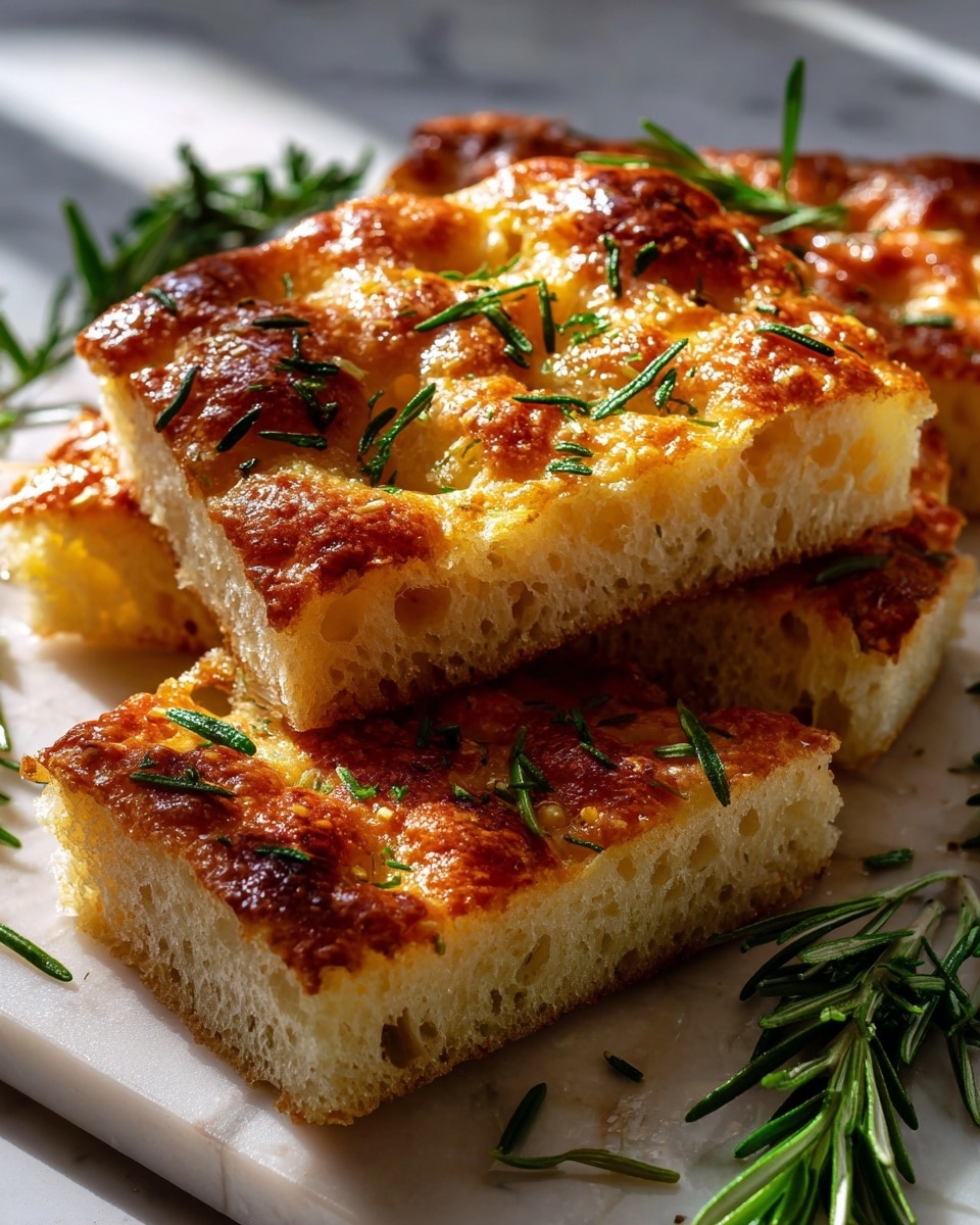 The image shows four thick slices of golden focaccia bread placed on a white marble board. The bread has a soft, airy texture inside with a crispy, browned crust on top. Small green rosemary leaves are scattered on the top surface of the bread and also placed as sprigs around the board. The slices are stacked close to each other, showing their soft and fluffy interior clearly. The background is a white marbled texture. Photo taken with an iphone --ar 4:5 --v 7