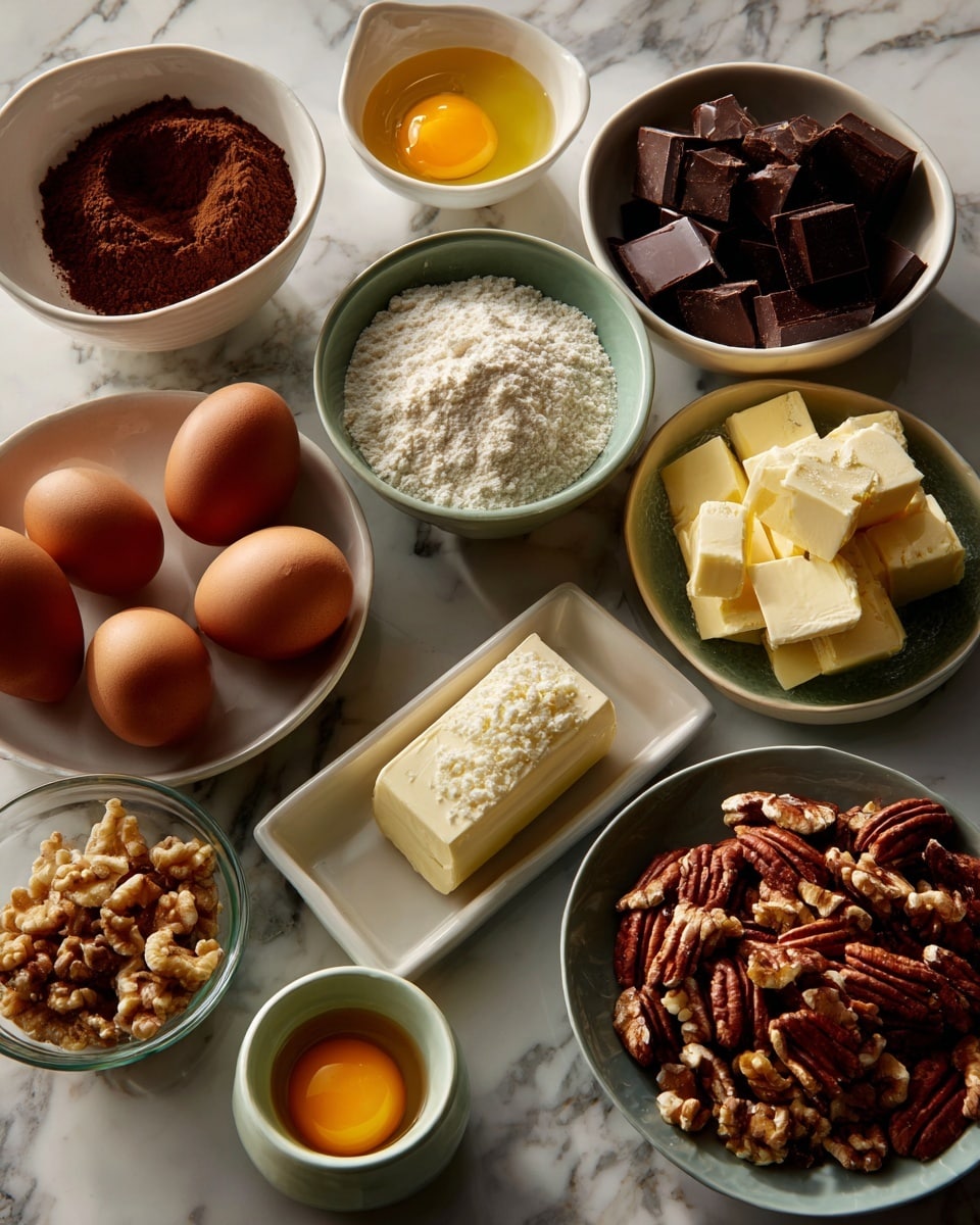 A top view of various baking ingredients neatly arranged on a white marbled surface. There are three whole brown eggs on the top left and a small white bowl with cocoa powder mixture next to them. A small white bowl with yellow melted butter is at the top right, beside a white bowl filled with chunks of dark chocolate. A medium white bowl contains brown sugar with pecans and macadamia nuts on the left side. Below, a small white bowl holds flour, and a rectangular white dish contains five whole brown eggs. At the bottom left, there is a small clear glass bowl filled with walnut halves, a pale green dish with a slab of butter, and a small pale green cup with one cracked egg yolk. Finally, a larger bowl filled with pecan halves completes the setup on the lower left. Photo taken with an iphone --ar 4:5 --v 7