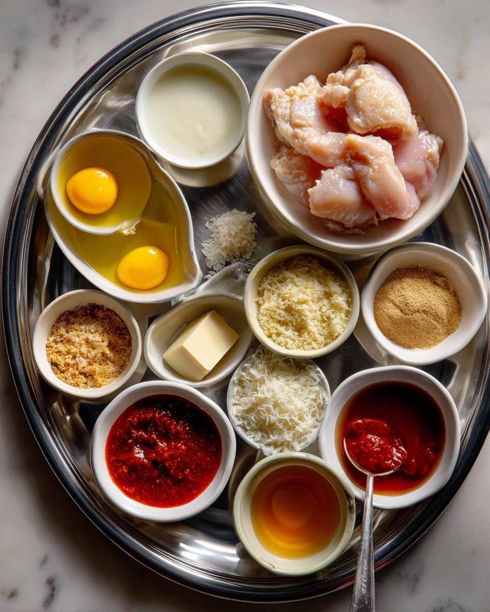 The image shows a silver baking tray on a white marbled surface with nine small white bowls and a small block of butter, each containing different ingredients. One large white bowl holds raw pale pink chicken pieces positioned at the top right. Around the tray, there are smaller bowls with various contents: bright yellow egg yolks in clear liquid at top left, creamy white milk below the eggs, golden brown breadcrumbs next to the milk, finely grated white parmesan cheese near the center right, light tan spice powder in a bowl at mid-right, a small block of light yellow butter near the bottom left corner, bright orange-red buffalo sauce in a bowl at bottom center, and reddish amber hot honey sauce in a smaller bowl at the bottom right. All the items are neatly arranged in rows on the tray. Photo taken with an iphone --ar 4:5 --v 7