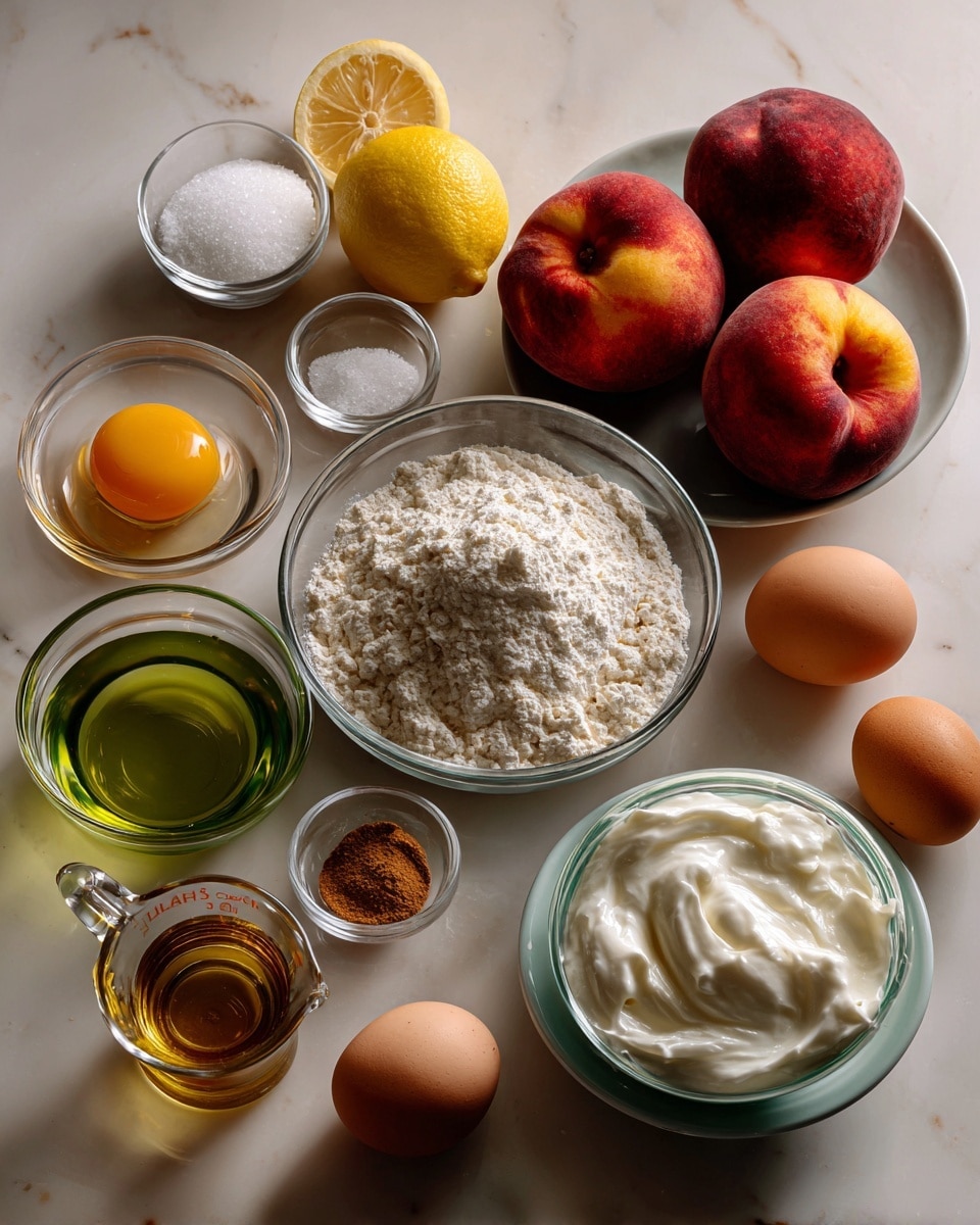 The image shows different baking ingredients arranged neatly on a white marbled surface. At the top right, there are three whole peaches with red and orange skin. To the left of the peaches, a small glass bowl filled with white sugar sits next to half a lemon showing its yellow inside. Below the lemon, a tiny glass bowl with almond extract beside a larger glass bowl filled with white flour is visible in the center. To the right of the flour are two small bowls, one with salt and the other with white baking powder. At the bottom right, two brown eggs lie next to a small bowl with cinnamon spice. Below the eggs, a clear measuring cup holds light green oil, and nearby a glass bowl is filled with thick white Greek yogurt. The colors and textures are clear and bright, all neatly organized. Photo taken with an iphone --ar 4:5 --v 7