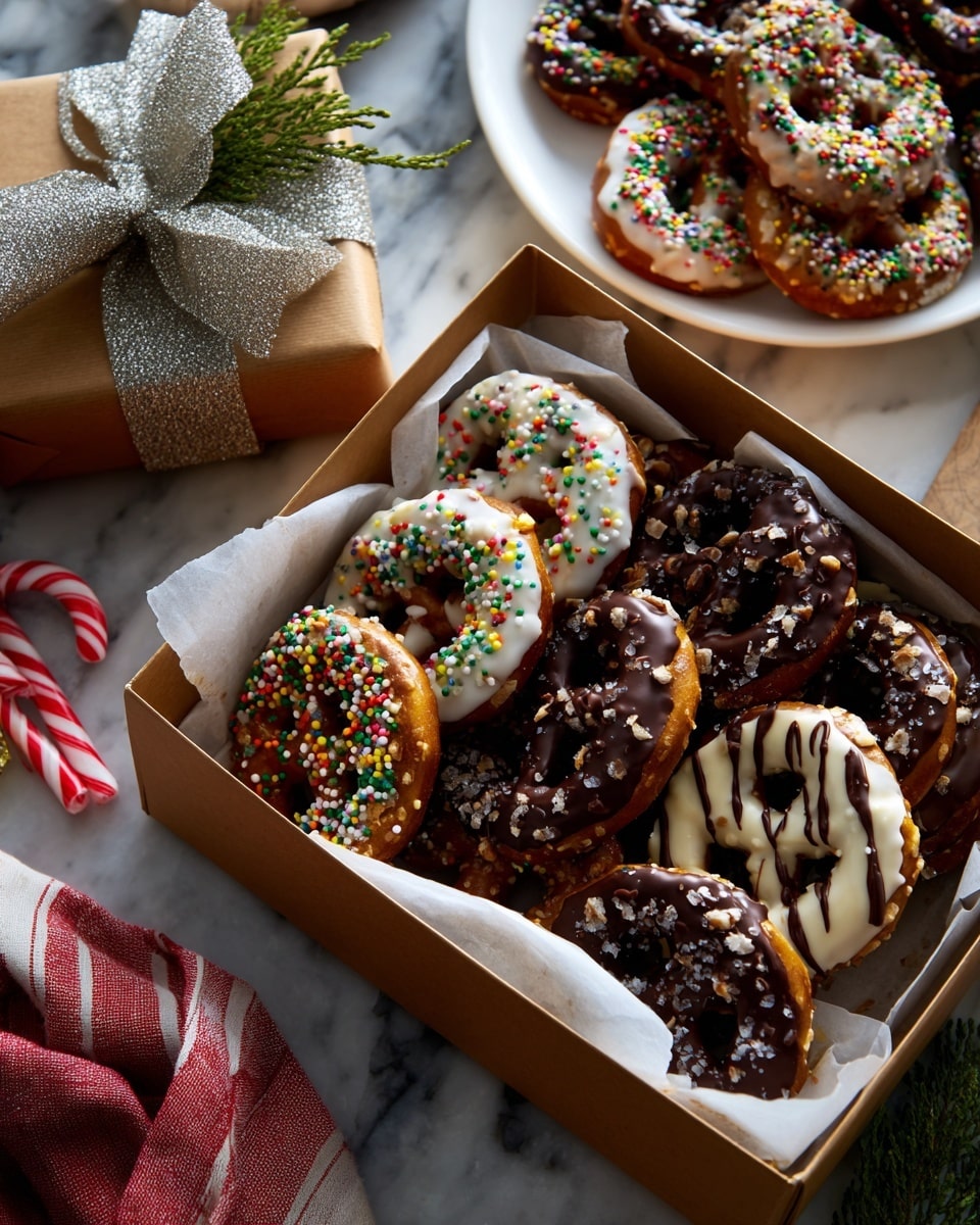 A box filled with pretzels covered in white and dark chocolate is lined with white parchment paper. Some pretzels have colorful sprinkles on the white chocolate, while others have dark chocolate drizzles. Around the box, there are a few pretzels placed on a white marbled surface. Nearby, a white plate holds more chocolate-covered pretzels with similar decoration. To the left of the box, there is a gift wrapped in brown paper with a glittery silver bow and a green sprig. A red and white striped cloth and a wrapped candy cane are partially visible at the bottom left corner. Photo taken with an iphone --ar 4:5 --v 7