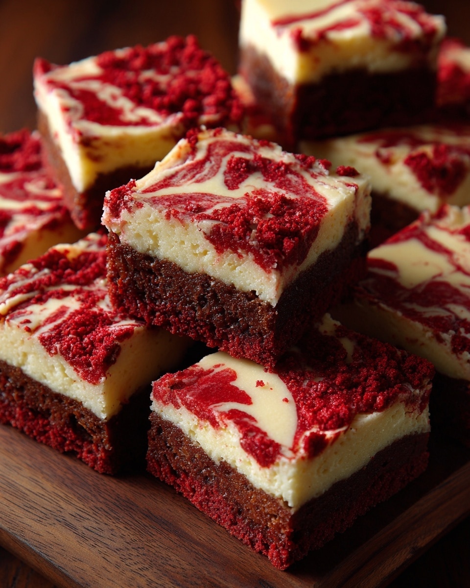 The image shows several square red velvet brownies with a cream cheese swirl on top. Each brownie has two visible layers: a thick, dense red velvet cake layer at the bottom with a rich, velvety texture and a thinner cream cheese layer on top, which has white and red swirls creating a marbled effect. The brownies are placed on a dark surface, tightly packed, with one square in clear focus in the front. In the blurry background, more brownies rest on a white plate on a white marbled surface. The photo gives a close-up view, highlighting the smooth top and moist interior of the brownies. Photo taken with an iphone --ar 4:5 --v 7